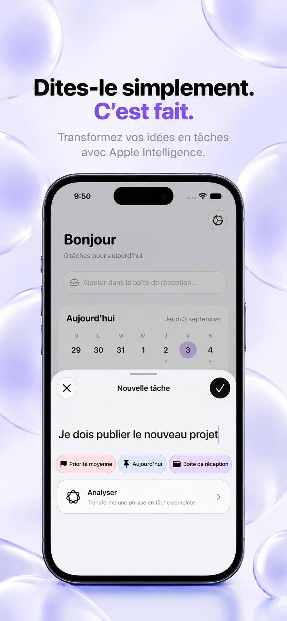 Écran Nouvelle tâche de Keepio avec saisie en langage naturel et action Analyser.