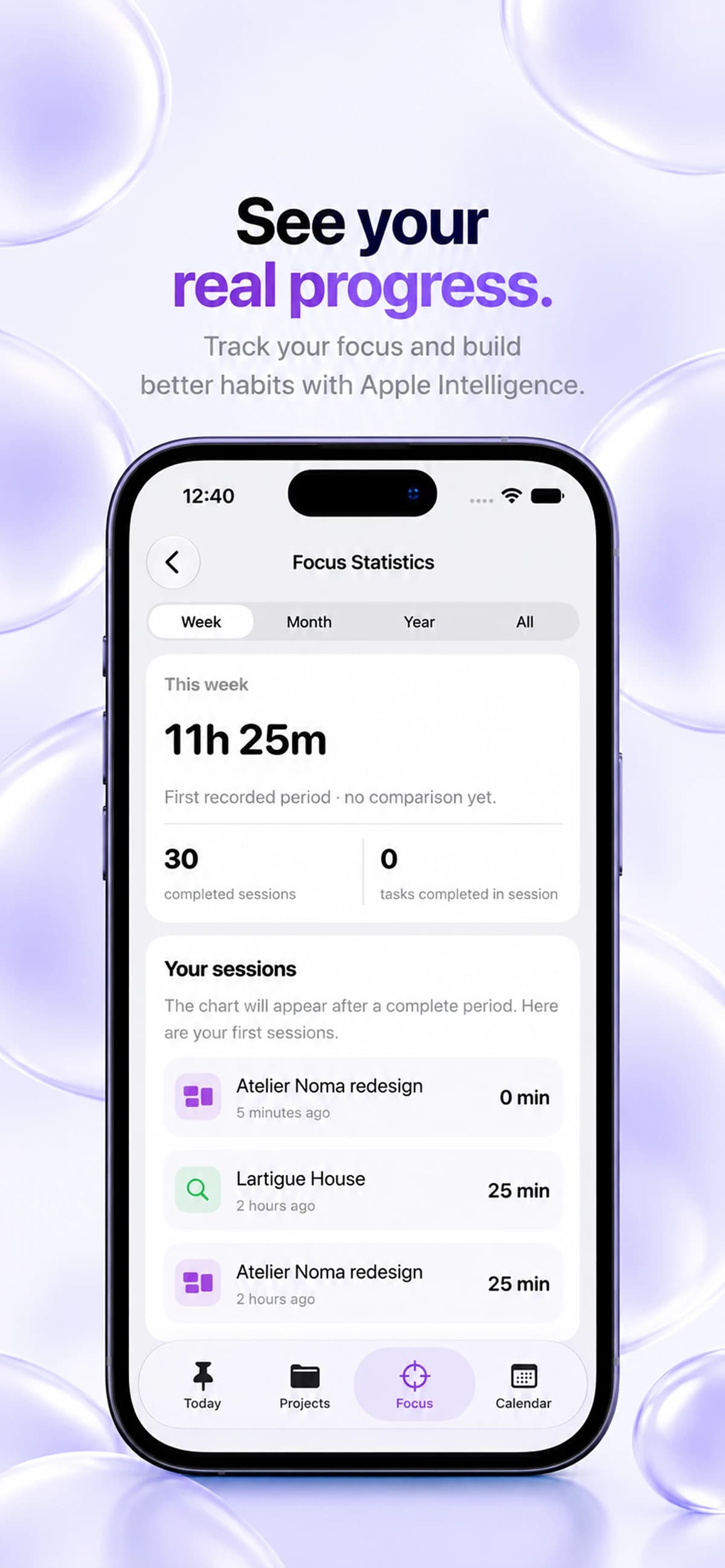 Keepio Focus Statistics showing tracked focus time, sessions and recent activity.