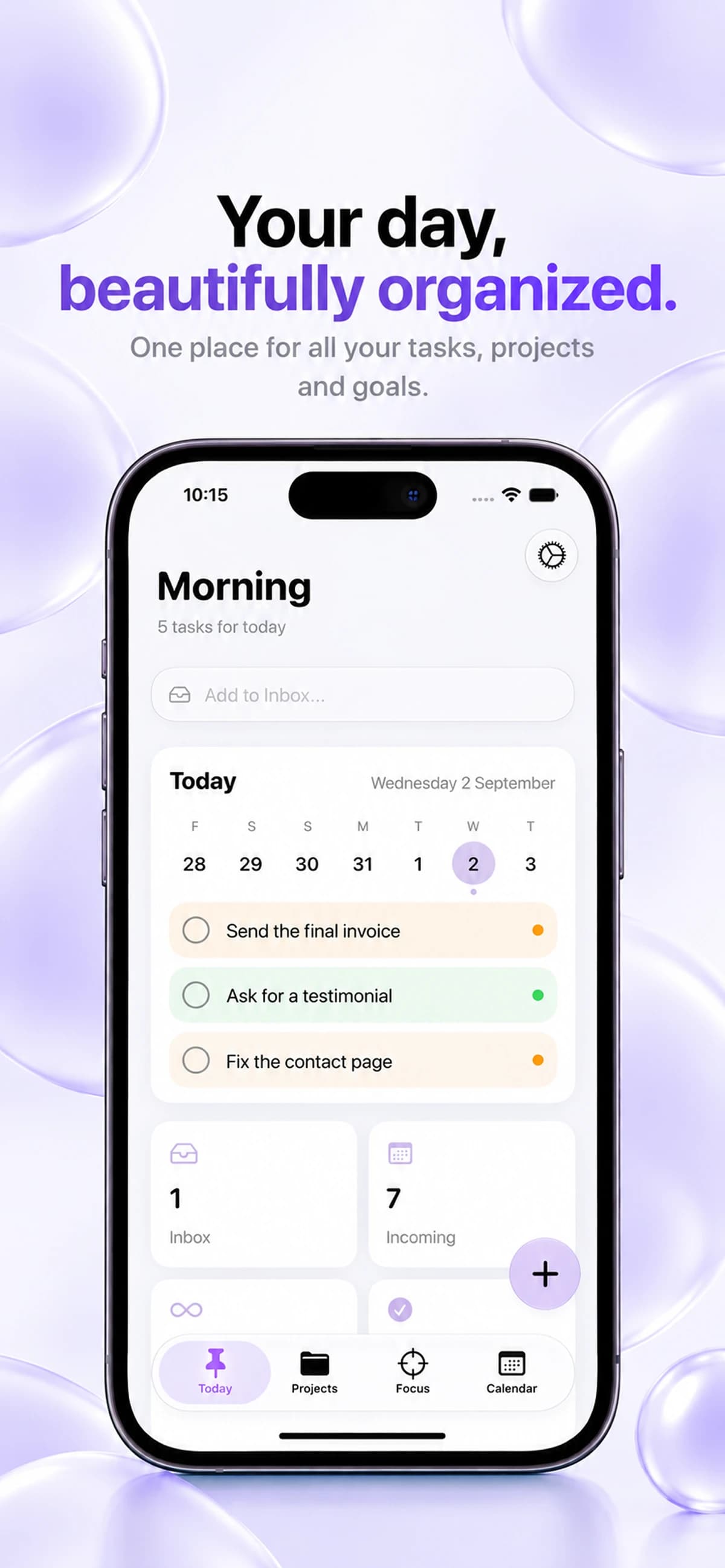 Keepio Today screen with daily tasks, Inbox, upcoming items and projects.
