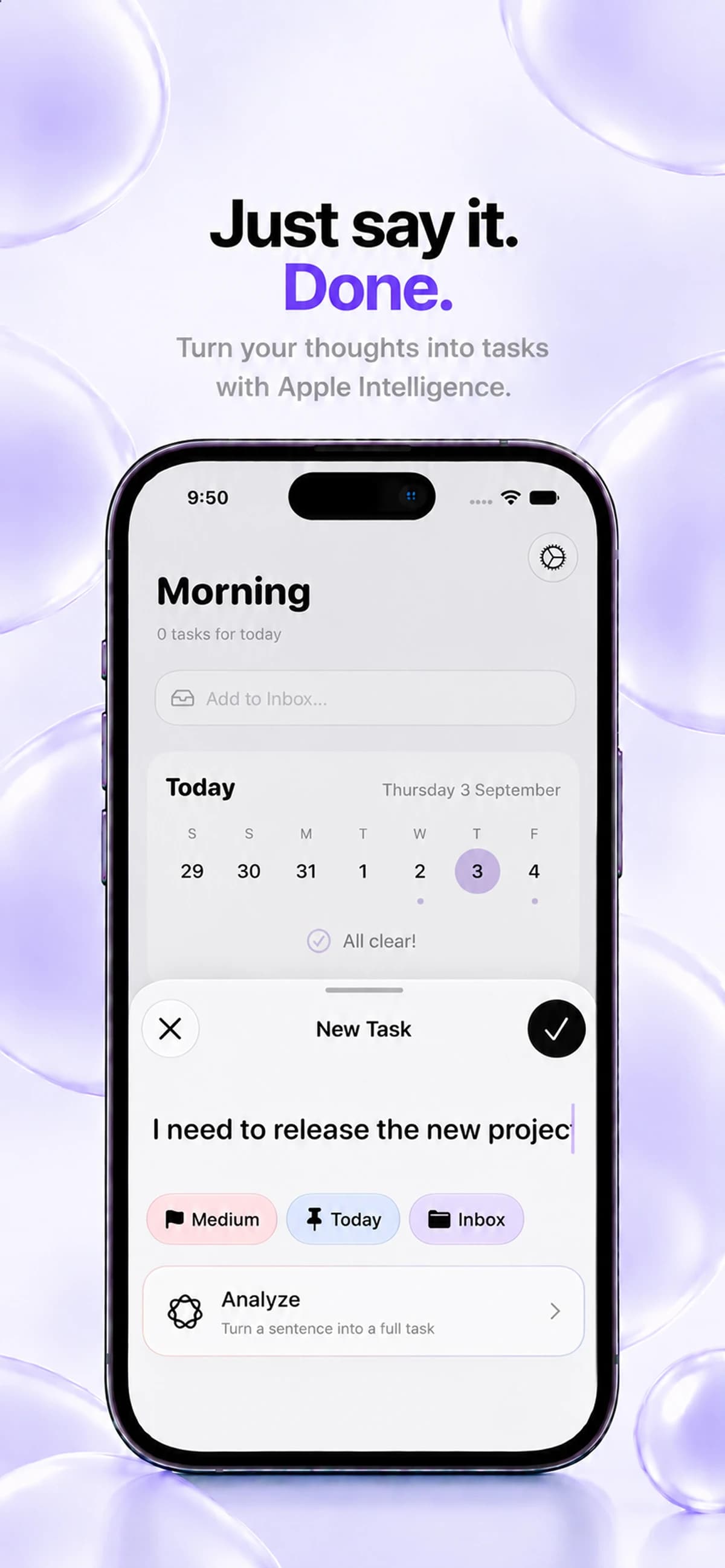 Keepio New Task screen showing natural-language input and the Analyze action.